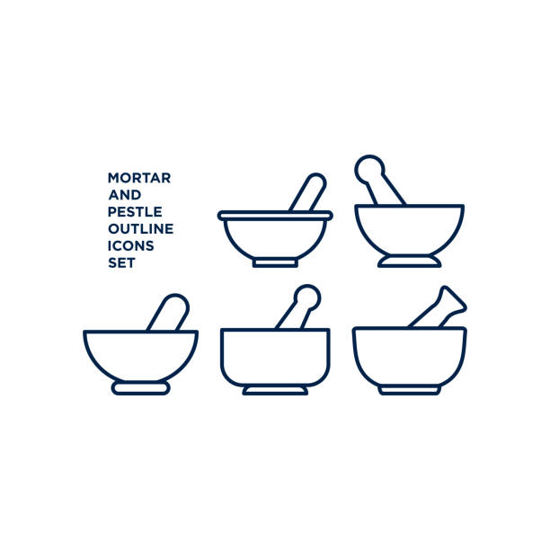 illustrations, cliparts, dessins animés et icônes de icônes de mortier et de pilon ensemble signe pour le concept mobile et la conception web. symbole de la pharmacie, illustration du logo. - pilon et mortier