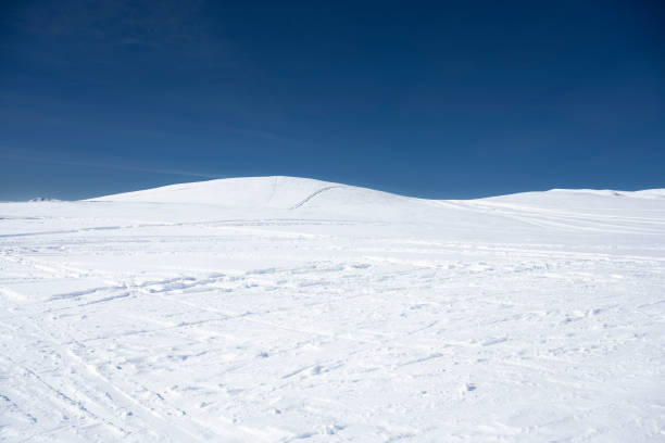 View from a ski slope at Myrkdalen Alpine Ski Resort in Norway, Scandinavia, Europe in winter (April).