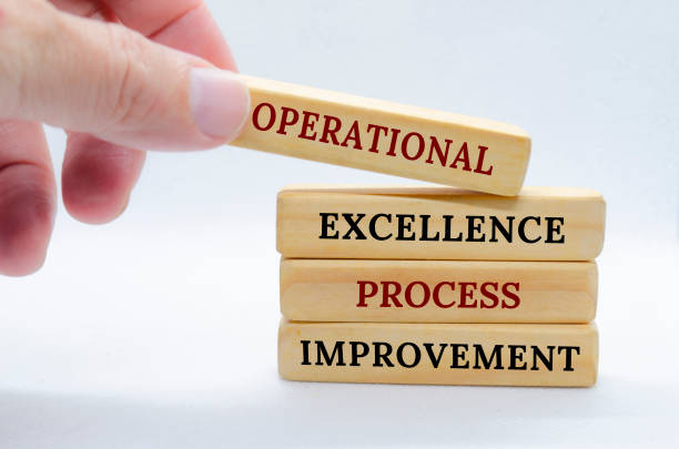 istock Operational Excellence and Process Improvement text on wooden blocks with small ladder background. Business concept 2197799829