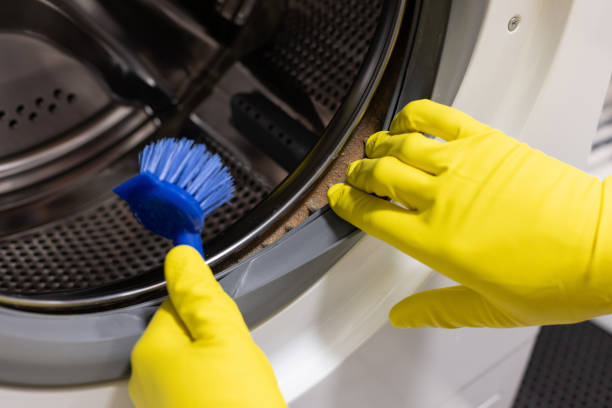istock Hands in protective gloves cleaning dirty moldy washing machine. 2197800148