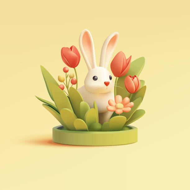 istock Realistic cute bunny in flowers, 3D. Daisies, tulips, green grass. Spring scene for advertising concepts. Vector 2197802160