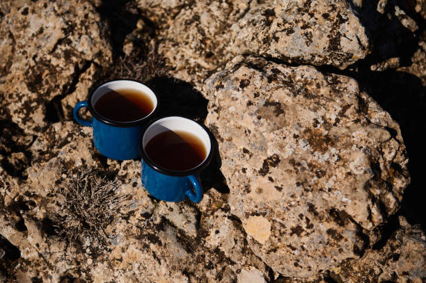 Two blue enamel mugs with warm beverages placed among rugged natural rocks under sunlight