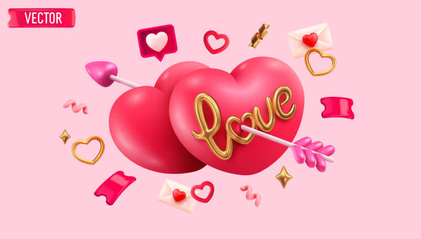 istock Valentine’s Day 3D illustration featuring two red Valentine hearts with golden love text, pierced by cupid arrow, surrounded by love letters and decorative Valentine elements on a pink background 2197804376
