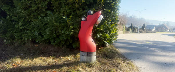 A uniquely designed red fire hydrant stands on a roadside near lush green bushes. The modern curved shape and vibrant color make it a striking urban element, essential for fire safety and emergency water supply in public spaces.