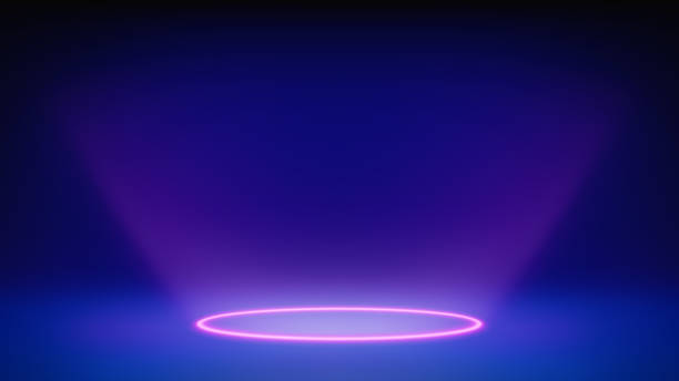 istock Futuristic glowing blue stage, studio. Empty room, circular purple neon lighting in floor. The product levitates, hangs. Background. Displaying products, presentation. Showcase. Backdrop. Vector 2197811037