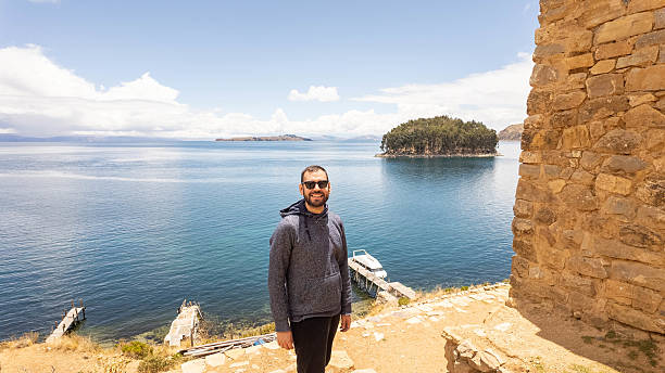 Colorful view of lake Titicaca in winter with artificial islands
