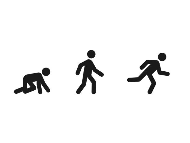 A minimalistic pictogram icon set featuring a stickman in various poses representing crawl, walk, and run movements. The vector clipart images are isolated on a simple background, perfect for fitness, sports, exercise, and active lifestyle themes. Ideal for showcasing health, motion, and human activity.