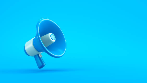istock Single blue electric megaphone with a handle stands on a blue background 2197832353