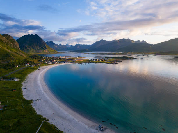 Ramberg beach Lofoten Norway Aerial view