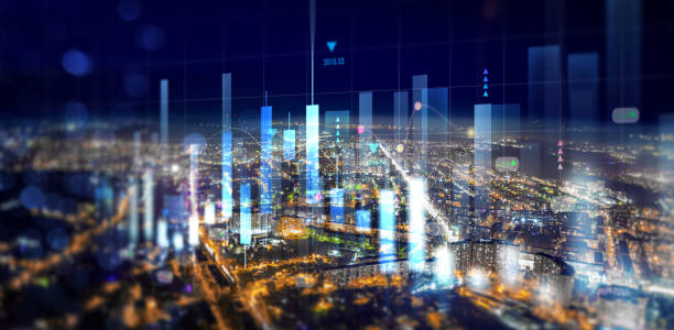 Investment analysis in real estate business development.Big data chart on city backdrop chart.Business development, financial plan and strategy.Analysis finance graph and market chart investment.