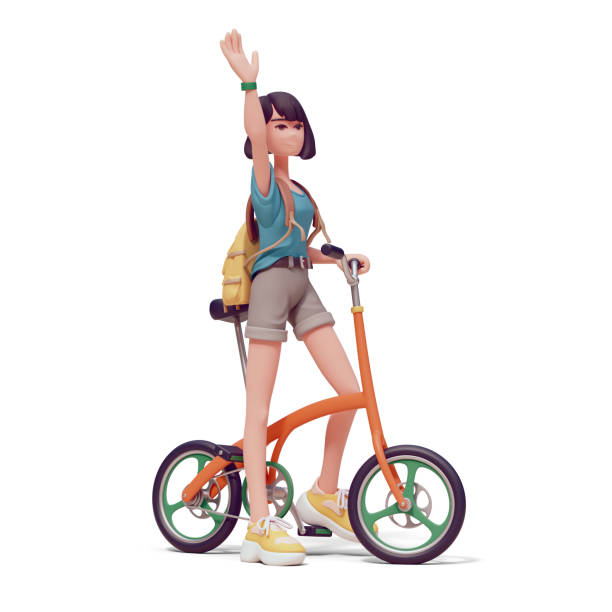 istock 3d render cute smiling brunette girl on red bicycle waves one hand. 2197839405