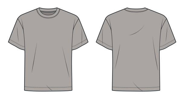 istock Basic T-Shirt fashion flat tehnical drawing template. Unisex T-Shirt technical fashion illustration, relaxed fit, front and back view, mocha brown, women, men, unisex CAD mockup. 2197840769
