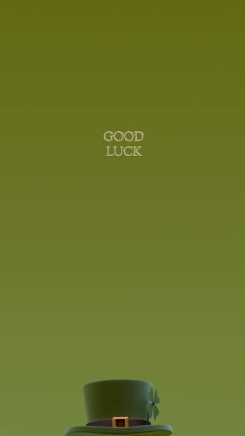 Text Good Luck displayed on a green background with a leprechaun hat at the bottom.