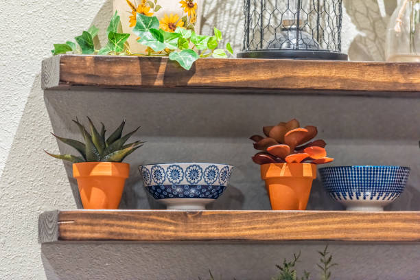 istock Rustic house living room kitchen decorations decor with empty blue bowls and succulent flowerpots home interior on wooden shelf 2197857371