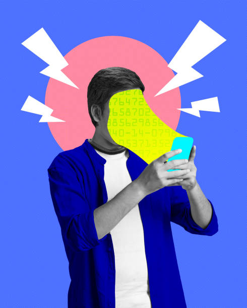 istock Contemporary art collage. Person using smartphone with digital face, surrounded by lightning symbols, representing information overload or digital dependency. 2197859648