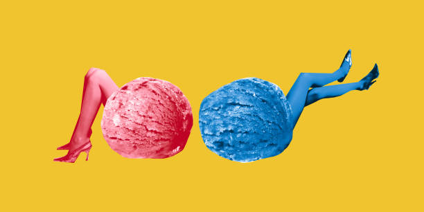 istock Contemporary art collage. Two scoops of ice cream with human legs lean back in mirrored pose, symbolizing contrast and playful collaboration. 2197861068