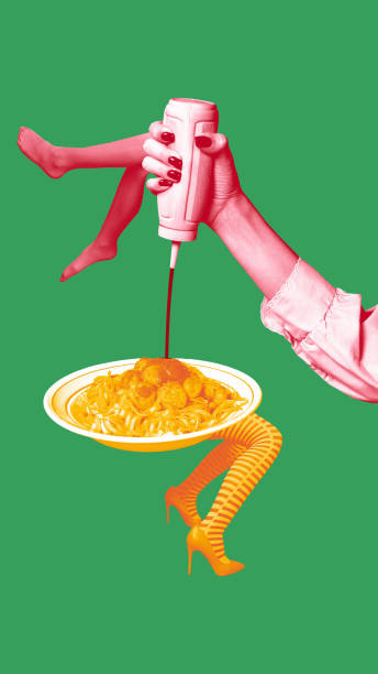 istock Minimalistic surreal artwork. Plate of spaghetti with human legs gets sauce poured by oversized hand, combining surrealism with teamwork. 2197861070