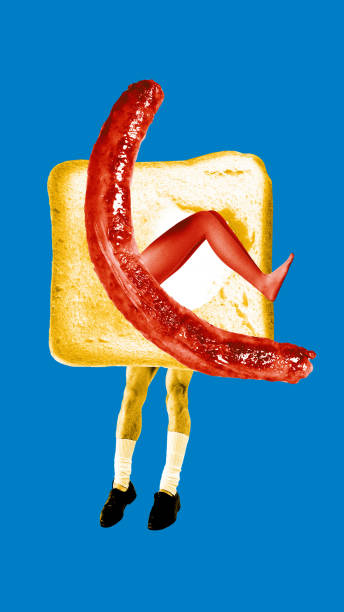 istock Minimalistic absurd collage. Toast with sausage and human legs stands against blue background, symbolizing layered cooperation and surreal business absurdity. 2197861077