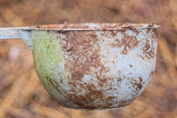 istock one old blue gray big plastic large mug in brown dirt 2197870209