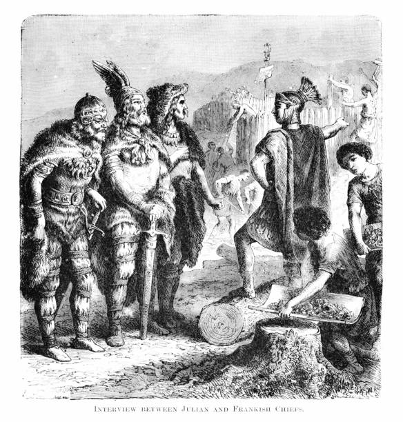 Julius Caesar tries to reason with the Frank and Gaul Chiefs, giving them gifts and building a border fence. When this failed Julius defied the Senate and crossed the Rubicon river January 10, 49 BC. This act of crossing the border between Italy and Gaul started the Roman Civil War.  Illustration published 1882. Original edition is from my own archives. Copyright has expired and is in Public Domain.