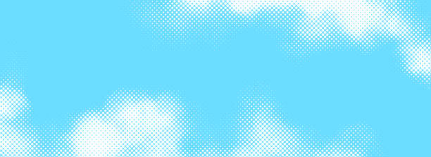 Halftone cloud background. White dotted clouds in blue sky. Pop art heaven wallpaper for banner, brochure, collage, poster, leaflet. Pixelated smoke, smog or fog texture. Vector illustration