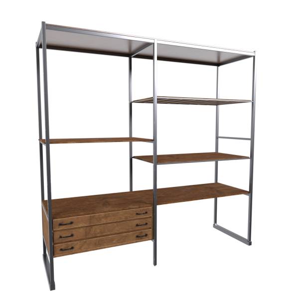istock Modern storage unit with wooden shelves and metal frame design 2197878793