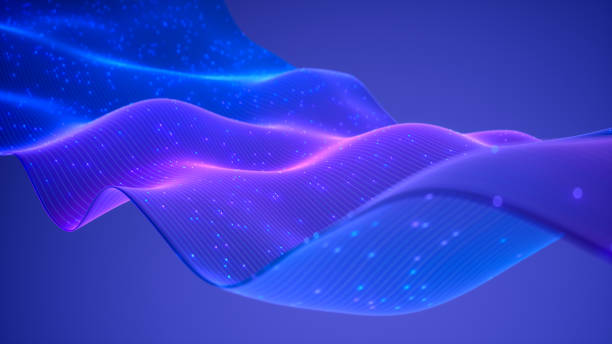 Futuristic Flowing Data Stream 3D-rendered abstract wave with glowing blue and purple particles flowing across a smooth digital surface, representing data, technology, or artificial intelligence concepts. ribbon flow stock pictures, royalty-free photos & images