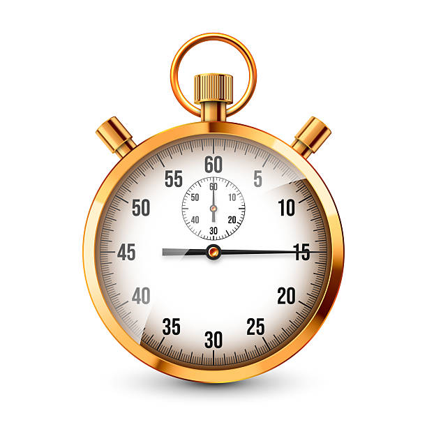 istock Realistic classic stopwatch. Shiny golden metal chronometer, time counter with dial. Countdown timer showing minutes and seconds. Time measurement for sport, start, finish. Vector illustration 2197887117
