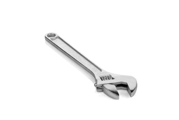 Adjustable wrench isolated on white background with clipping path. Chrome vanadium wrench. Industrial spanner.