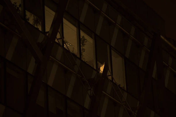 Building Facade in a Night City. Building stands out against the backdrop of a night city. Architectural details, blending urban sophistication with ambiance of the nighttime environment.