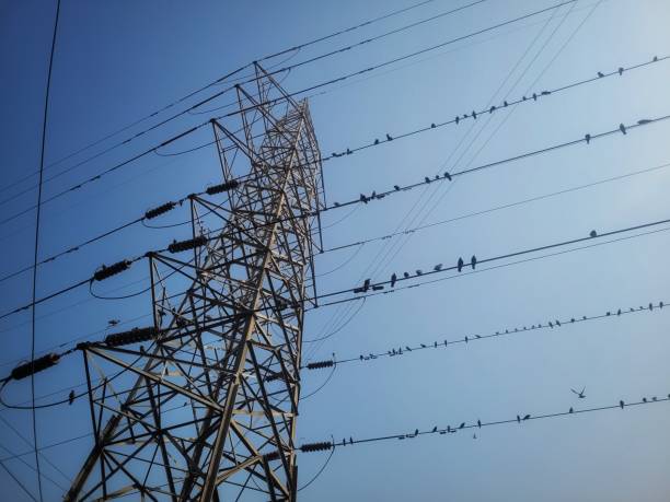istock Tall electricity pylon against blue sky on sunny day 2197887244