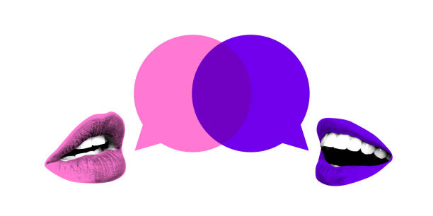 istock Conceptual art design. Pink and purple lips face each other with overlapping speech bubbles, symbolizing conversation, dialogue, and exchange of ideas. 2197891160