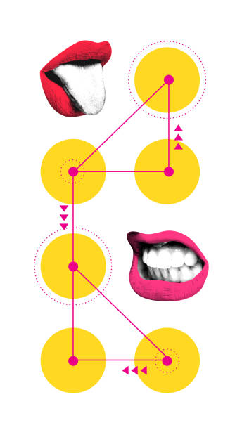 istock Creative art design. Red and pink lips connected by geometric yellow circles with arrows visualize flow of dialogue, information exchange. 2197891167