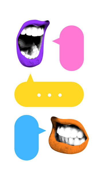 istock Creative art design. Colorful lips with various speech bubbles in yellow, pink, and blue symbolize dialogue, conversation 2197891174