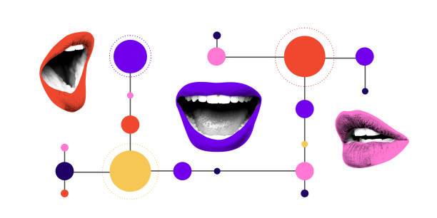 istock Creative art collage. Vibrant lips linked by abstract geometric nodes form surreal visualization of speech, social connections, and digital network of communication. 2197891177