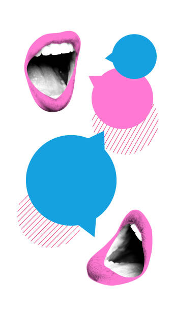 istock Conceptual art design. Pink lips with blue speech bubbles create abstract representation of conversation, voice exchange. 2197891178