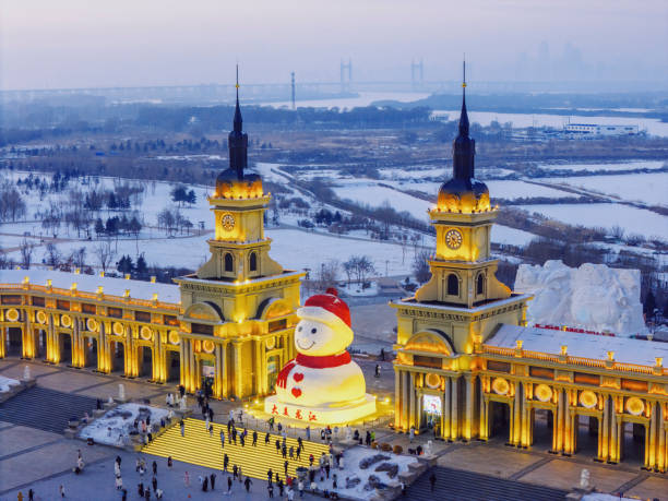 Harbin Music Park snowman at night stock photo