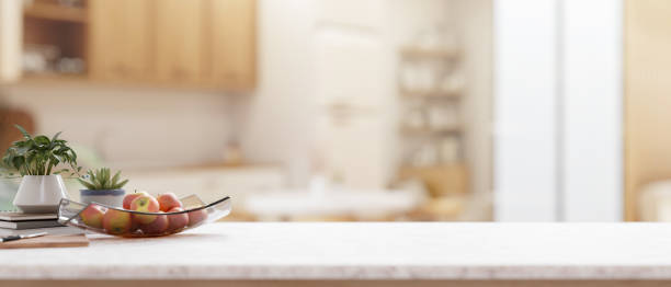 istock A kitchen countertop with a blurred background of a contemporary Scandinavian kitchen. 2197894502