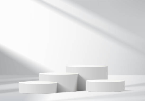 istock 3d podium grey colours on background platform. stand show cosmetic product for display. Stage showcase on pedestal black and white studio platform. 3d simplicity shapes vector render illustration 2197897543