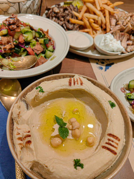 Traditional greek food: fava beans, greek salad and spinach pies.