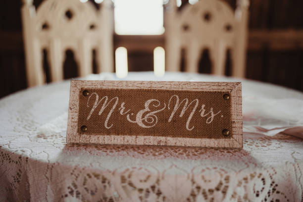 Wedding reception dinner table set for bride and groom