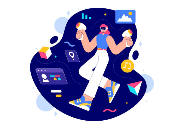 istock Metaverse Digital Virtual Reality Vector Illustration of a Person Wearing VR Glasses, Exploring Future Innovation and Communication in a Background 2197904962