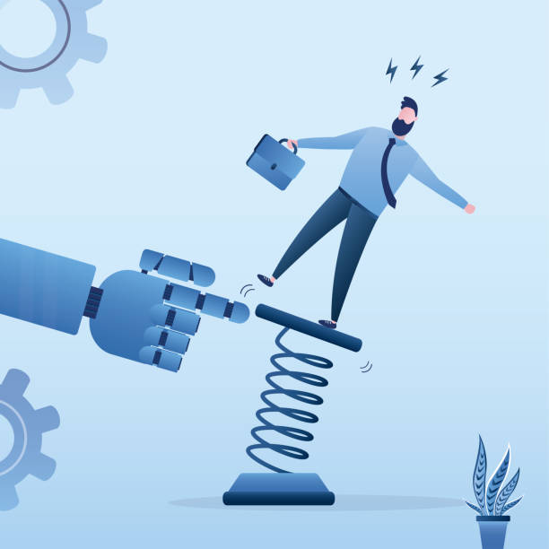 istock Volatility from external factors. Robot influences great uncertainty and pushes businessman off metal spring 2197906165