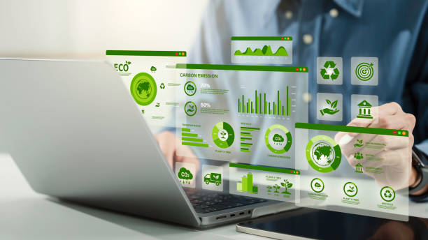 istock Green business corporate responsibility sustainable environment development goal. World environment day. Businessman use computer analyze ESG Co2 Carbon footprint Emission report graph to net zero 2197908086