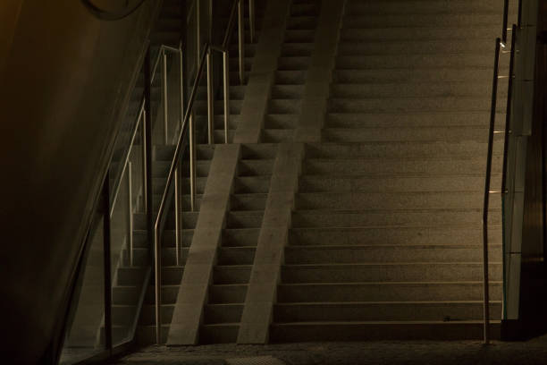 A staircase featuring railings situated within a dimly lit environment, highlighting various architectural aspects alongside the lighting design