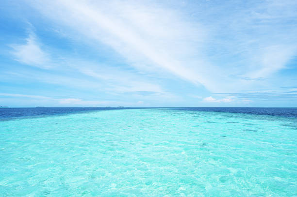 Beautiful tropical turquoise lagoon and sunny blue sky background