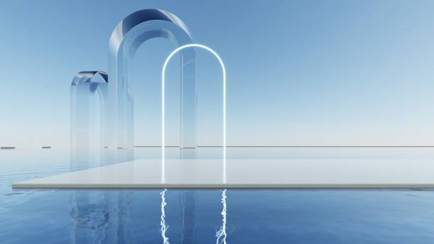 istock 3d illustration of abstract minimal geometry background, geometric architectural with glass design on water surface 2197919667