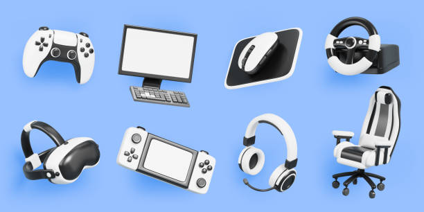 istock 3d set of video game devices cartoon render icon. VR glasses, joystick, portable console, headphones, steering wheel, computer, keyboard, mouse, chair. Isolated electronic gadgets 2197921517