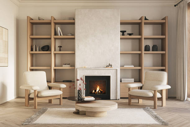 istock An inviting interior with wooden shelves and fireplace at the center. Modern design solution, 3d rendering 2197927241