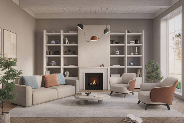 istock An inviting interior with wooden shelves and fireplace at the center. Modern design solution, 3d rendering 2197927242